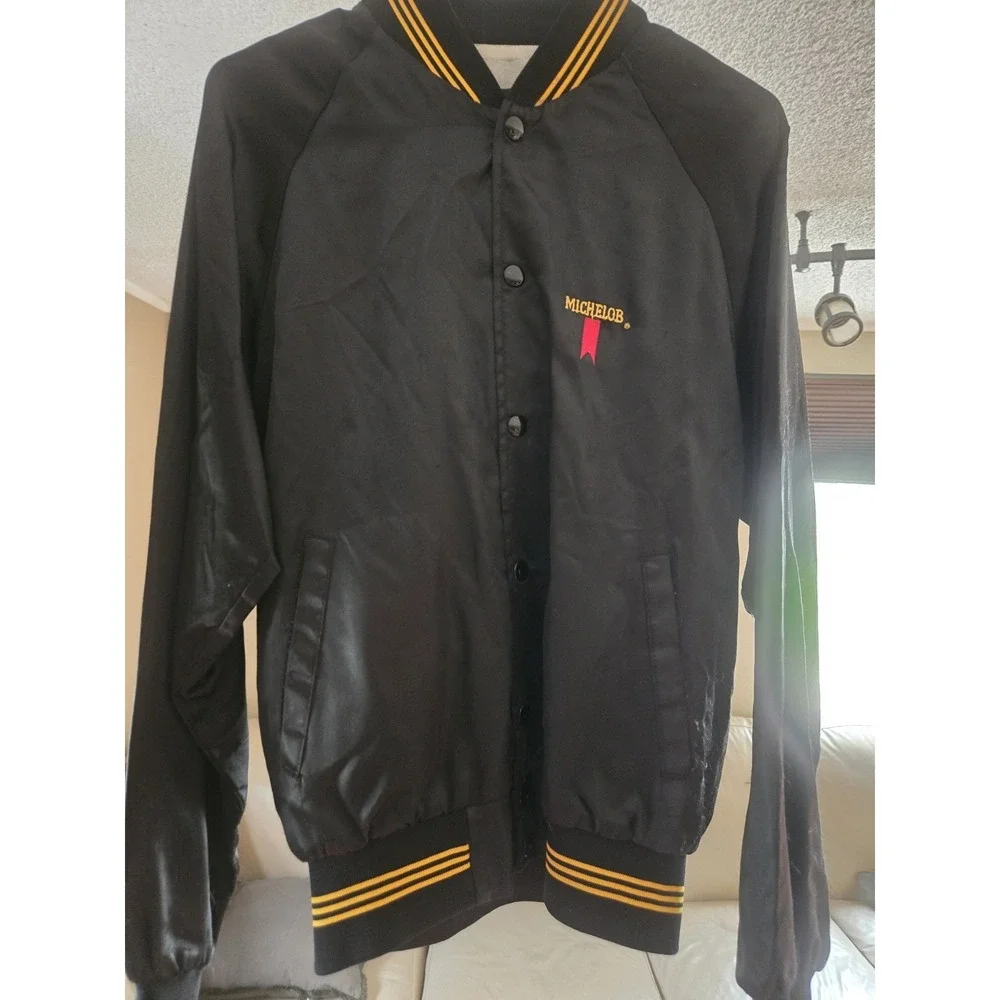 Vintage Michelob Satin Jacket USA Made A&E Eagle Black Snap Front Bomber L